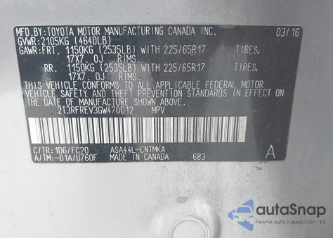 2016 Toyota Rav4 Xle из США, поврежденный, VIN 2T3RFREV3GW470012